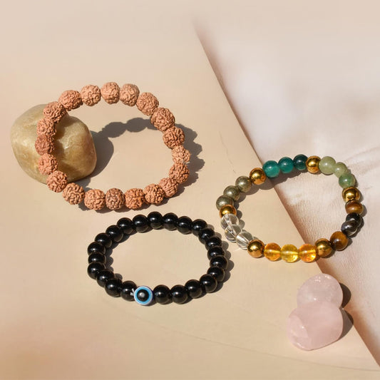 Astrotalk Maha Dhan Yog Combo | 5 Mukhi Rudraksha | Dhan Yog Bracelet | Evil eye Bracelet | Unisex healing Astrology bracelets for Men & Women