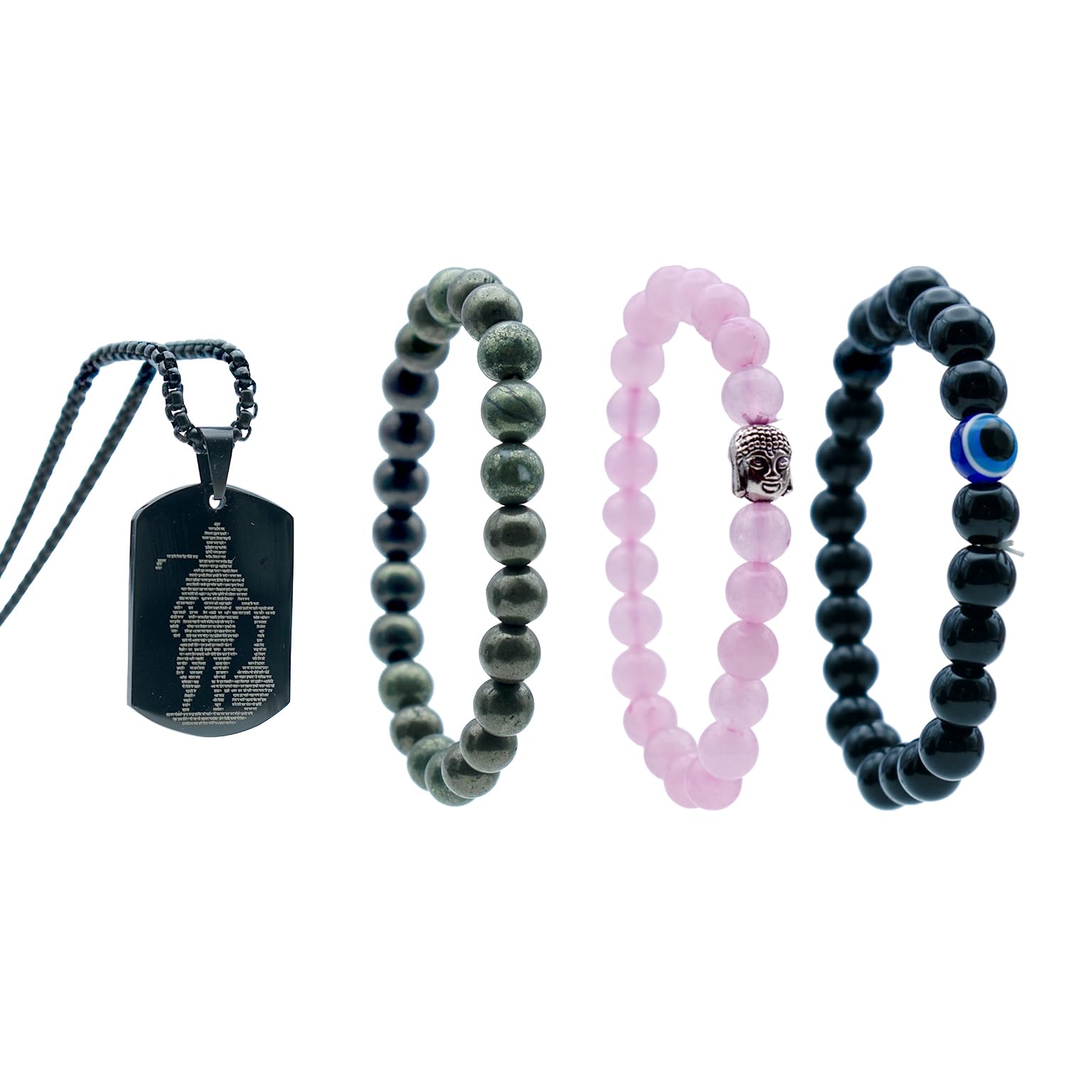 Astrotalk Raj Yog Combo | Raw Pyrite Bracelet | Rose Quartz | Evil Eye Bracelet | Hanuman ji Locket | Unisex Healing Astrology bracelets for Men & Women