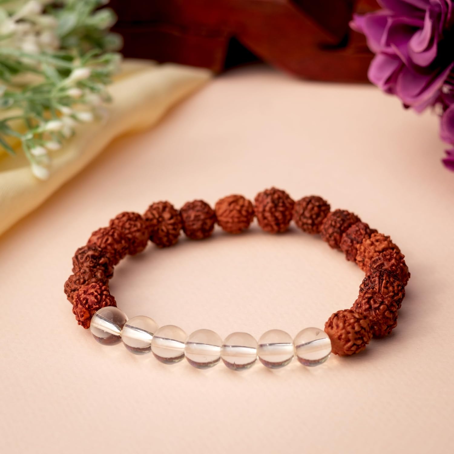 Astrotalk 5 Mukhi Rudraksha White Crystal Bracelet | Spiritual Energy & Clarity | Certified Healing Astrology Bracelets for Men & Women
