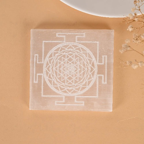 Selenite Plate - Shree Yantra Engraved for Gemstone Charging