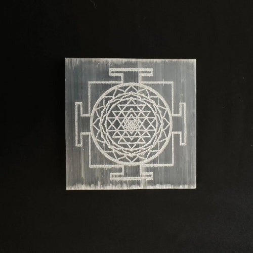 Selenite Plate - Shree Yantra Engraved for Gemstone Charging