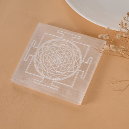 Selenite Plate - Shree Yantra Engraved for Gemstone Charging