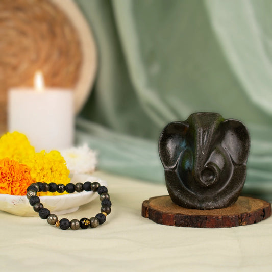 Pyrite Ganesh Ji Murti with Wealth OM Pyrite Bracelet