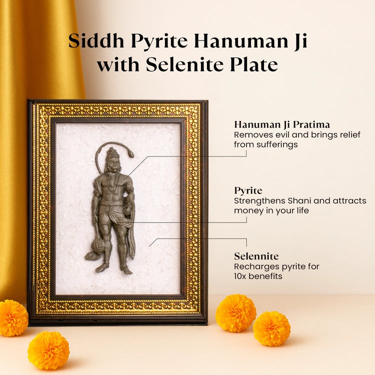 Pyrite Hanuman Ji on Selenite Frame