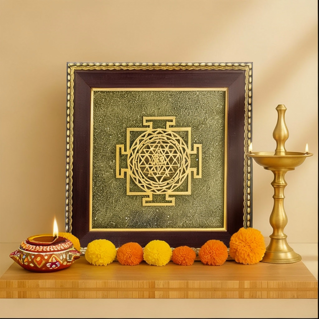 Shree Yantra on Raw Pyrite Frame