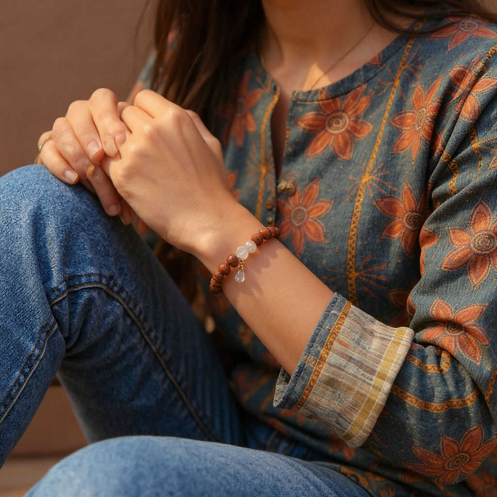 5 Mukhi Rudraksha White Crystal Bracelet